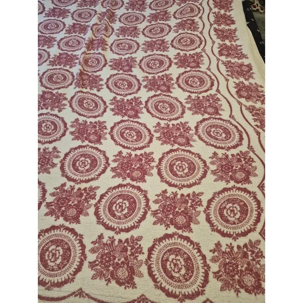 Tastemaker By Stevens Terry Cloth Tablecloth White Red Floral Mandala Vintage